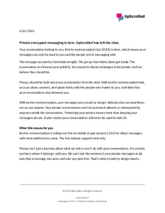 06 Oct 2026 - UpScrolled - Newsroom - E2EE