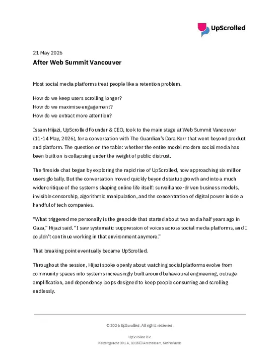 21 May 2026 - UpScrolled - After Web Summit Vancouver.pdf