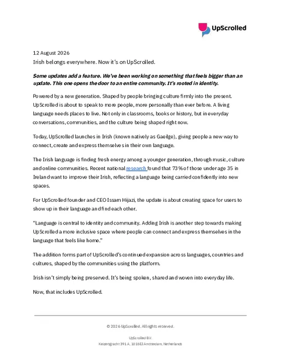 12 Aug 2026 - UpScrolled - Newsroom - Irish Language Update